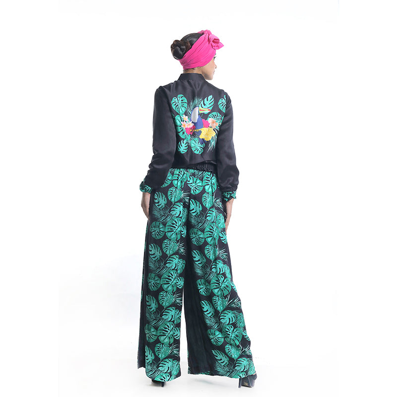 TOUCAN PRINTED BOMBER JACKET WITH EMBROIDERY HIGHLIGHT AND PRINTED TROUSERS