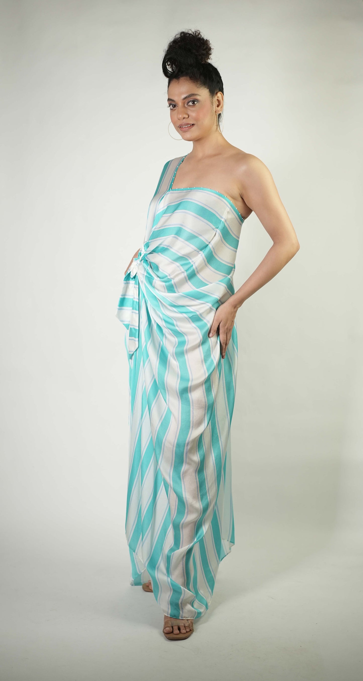 One-shoulder stripe wrap dress with tie up detailing
