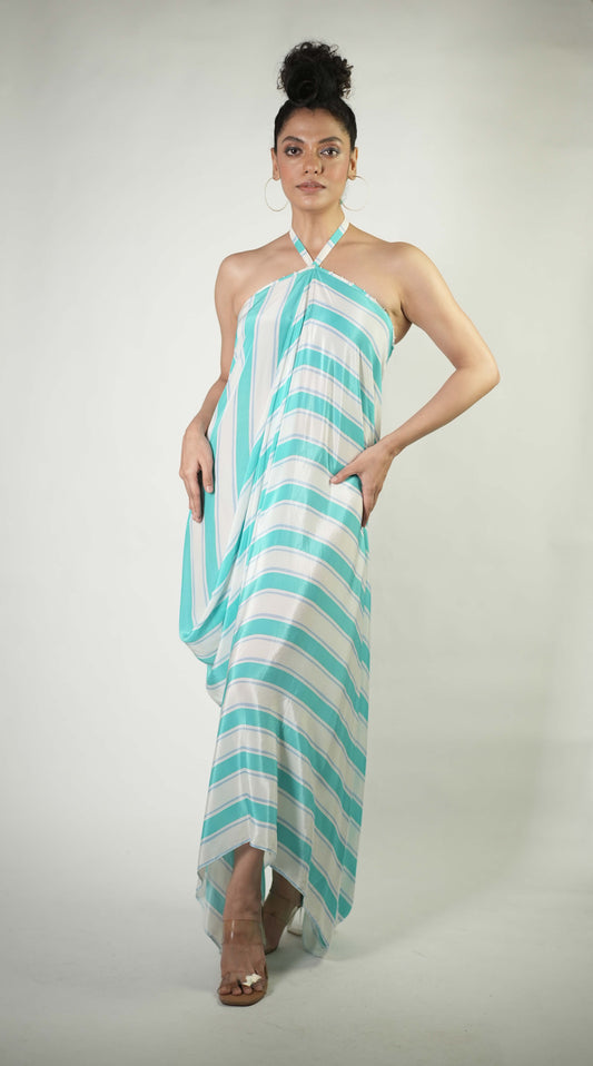 Halter-neck stripe draped maxi dress