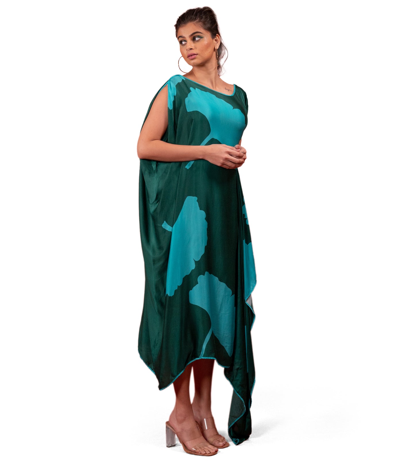 MARIA GORETTI IN GINGKO LEAF PRINTED ANTIFIT TOGA DRESS