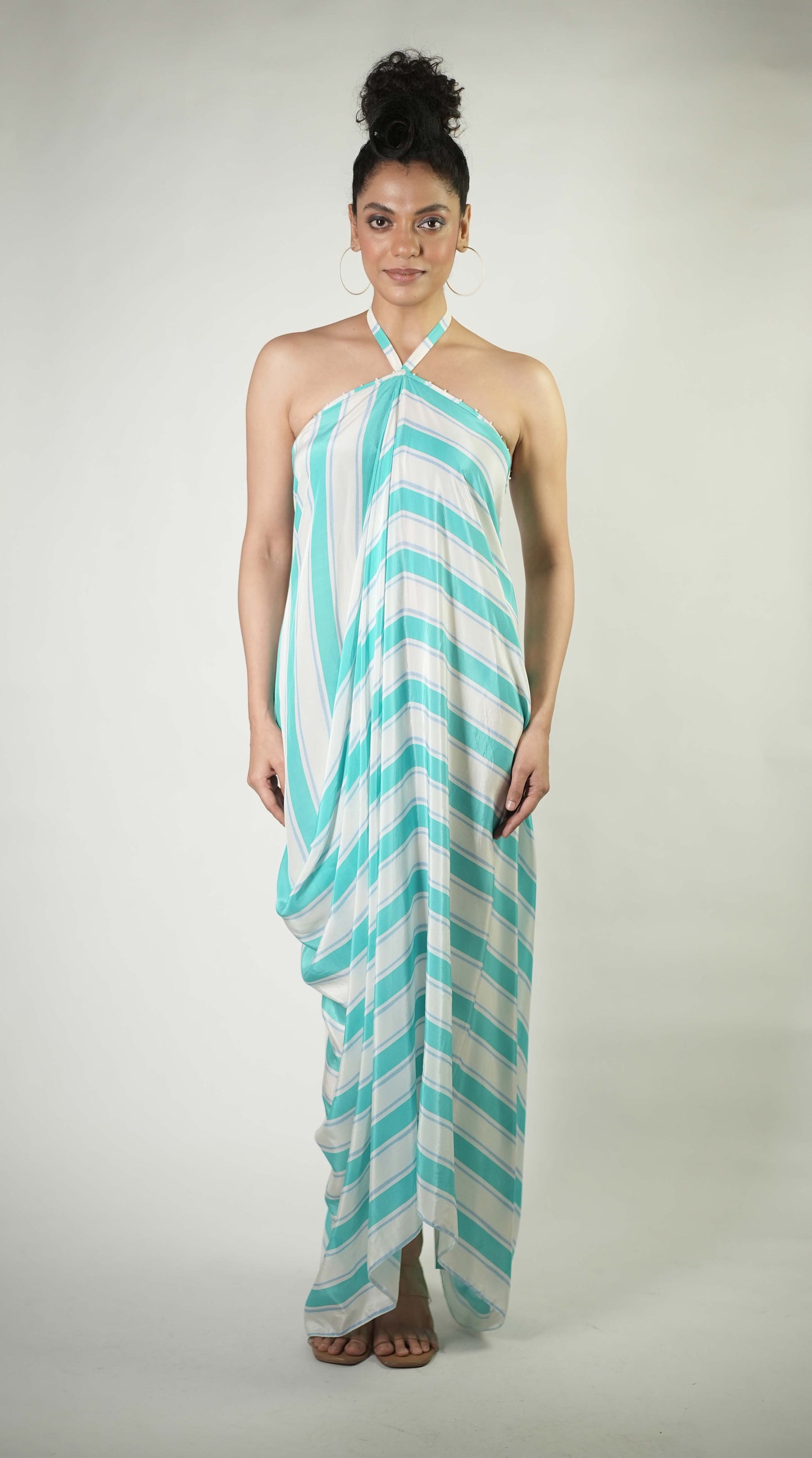 Halter-neck stripe draped maxi dress