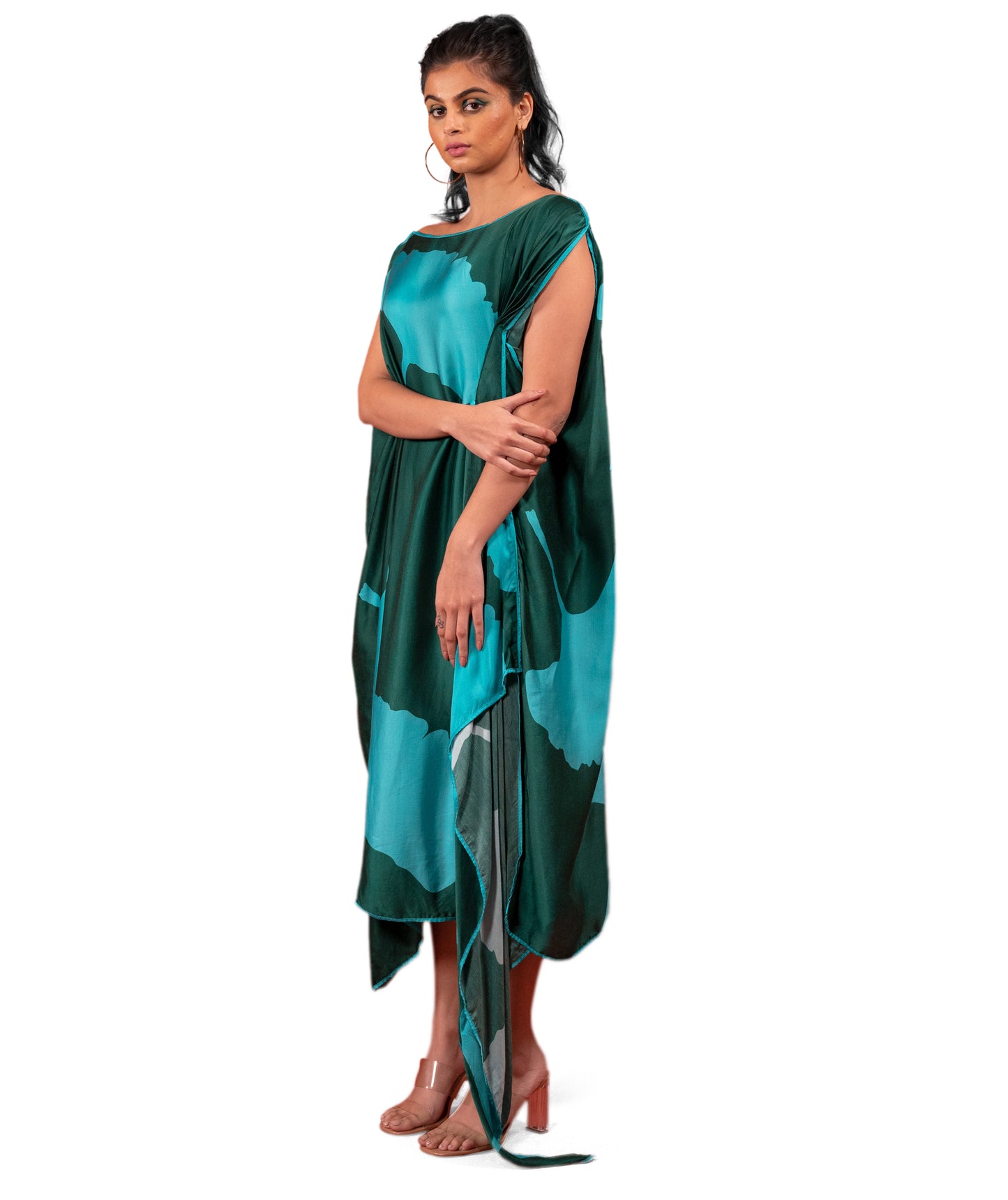 MARIA GORETTI IN GINGKO LEAF PRINTED ANTIFIT TOGA DRESS