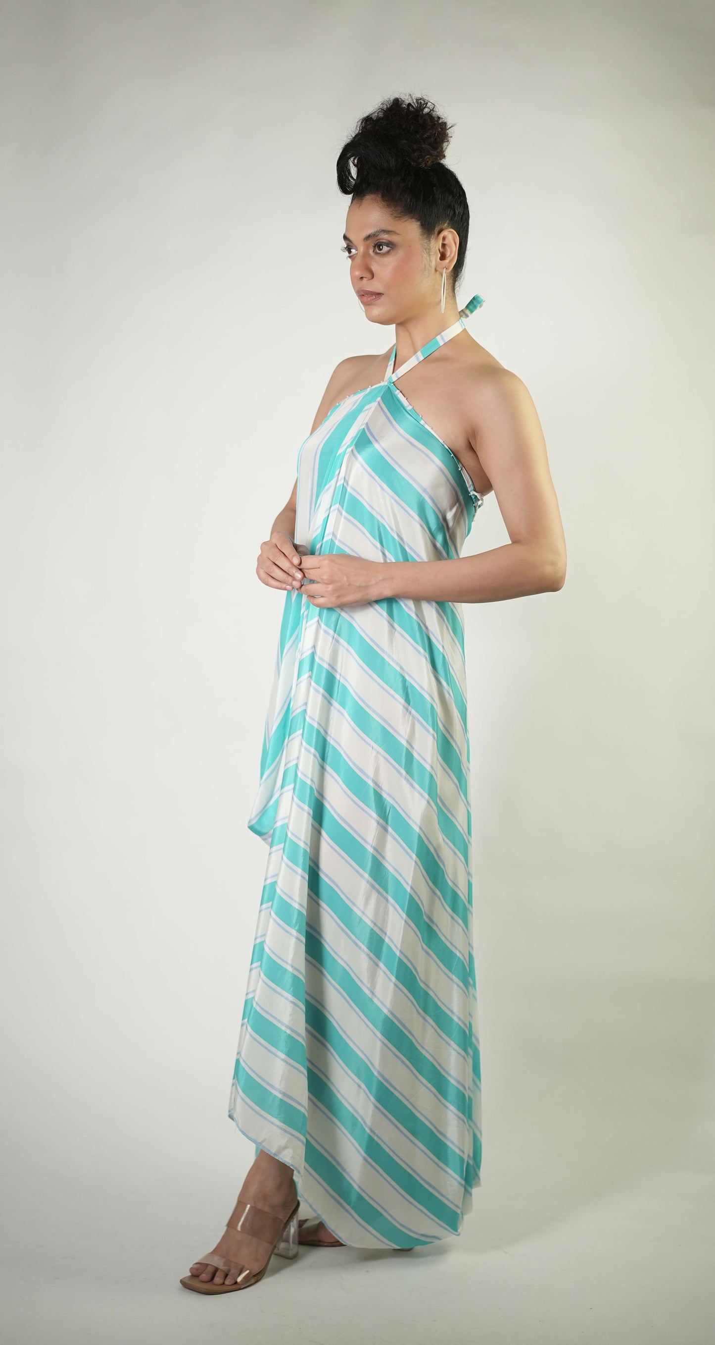 Halter-neck stripe draped maxi dress