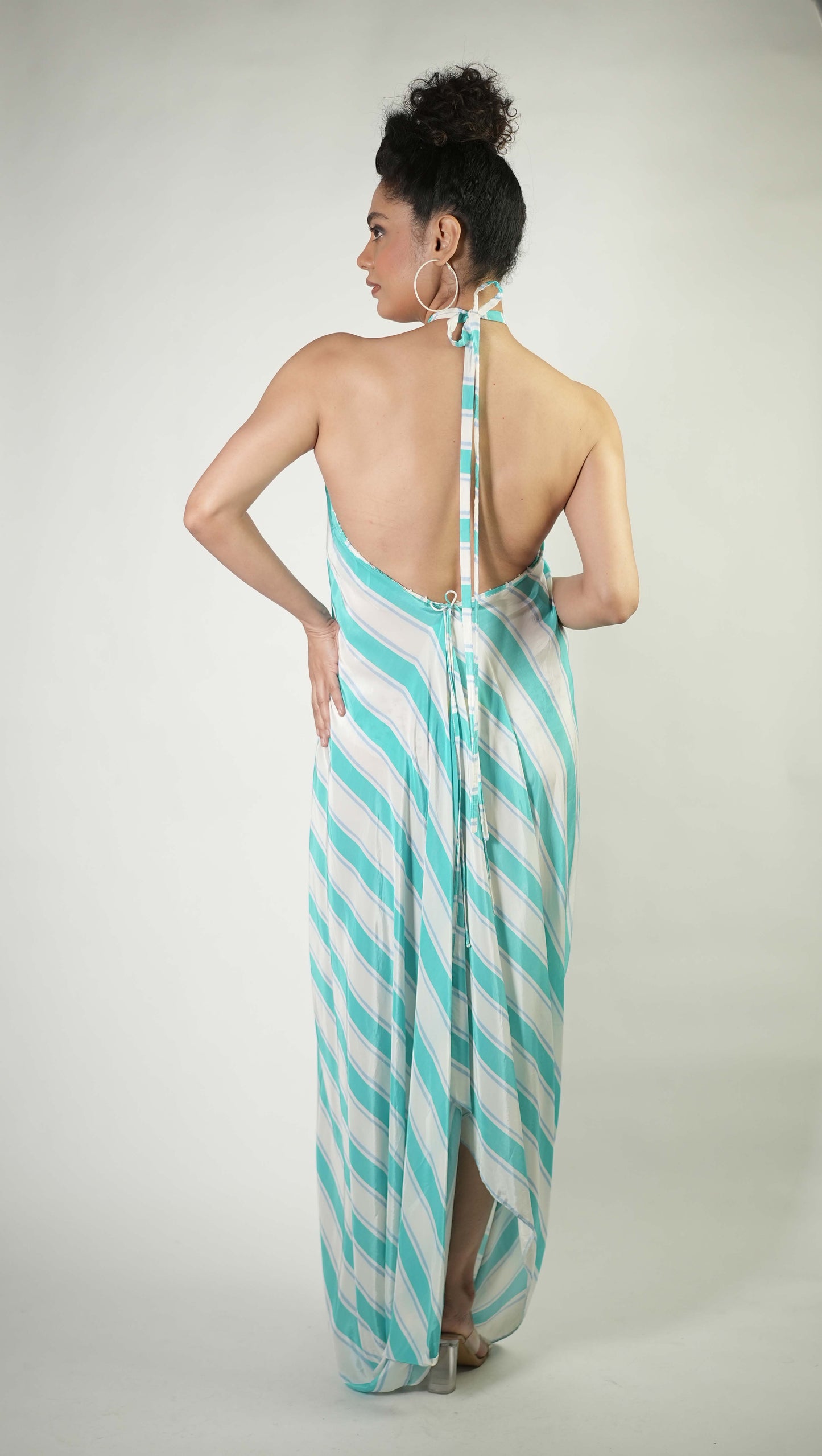 Halter-neck stripe draped maxi dress