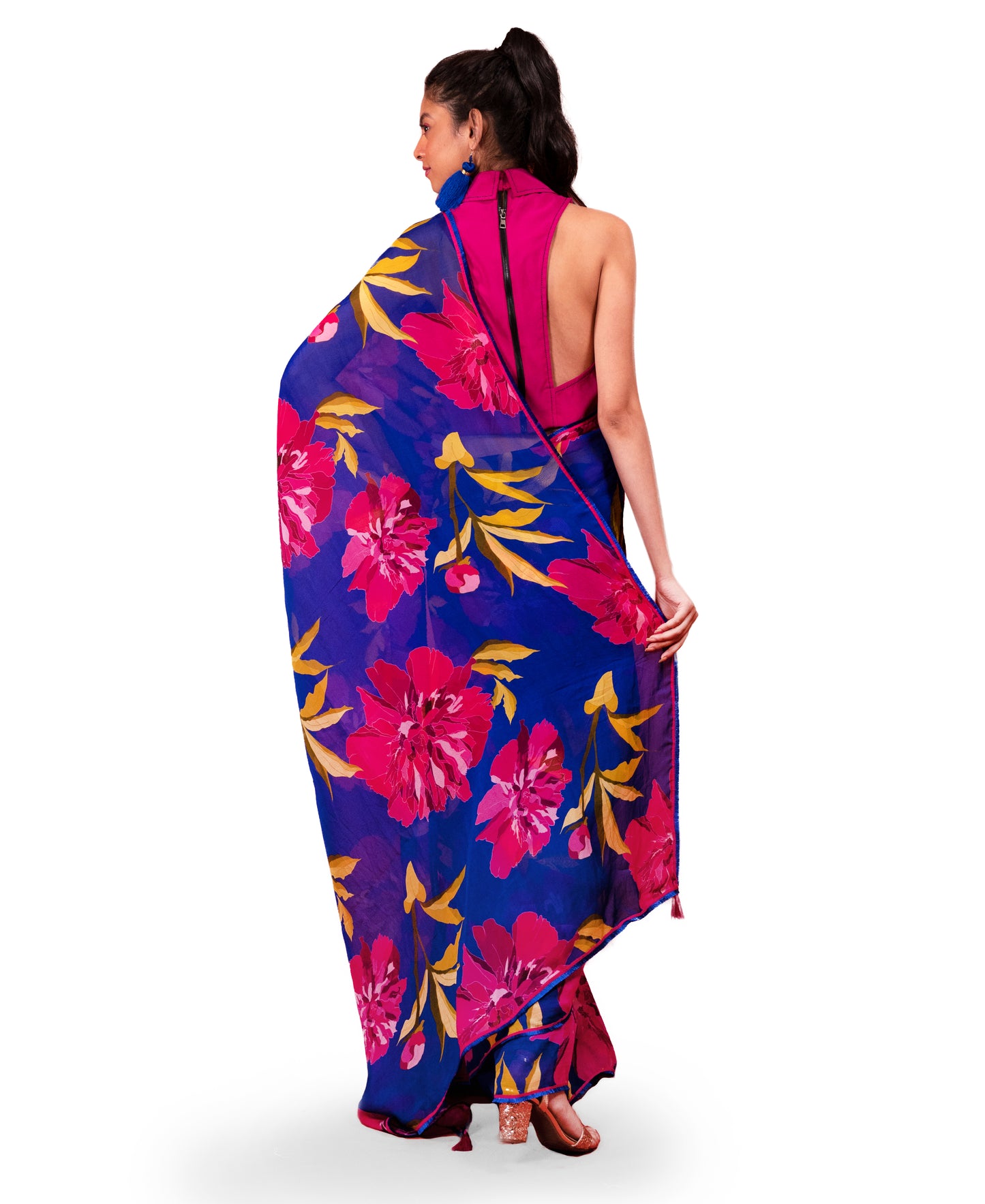 CHRYSANTHEMUM FLOWER PRINTED ORGANZA SAREE