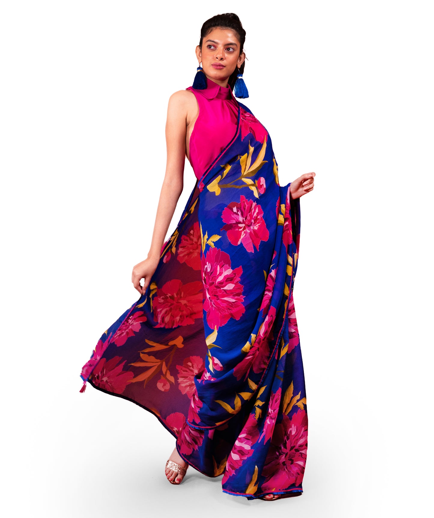 CHRYSANTHEMUM FLOWER PRINTED ORGANZA SAREE