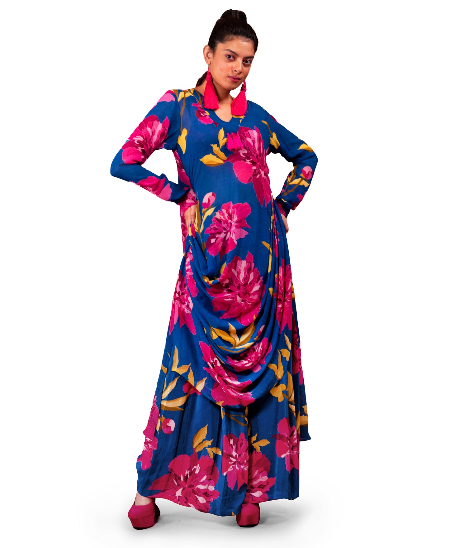 CHRYSANTHEMUM FLOWER PRINTED DRAPED KURTA WITH COORDINATED TROUSER SET