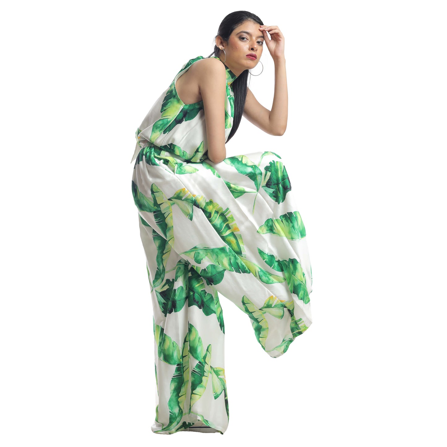 BANANA LEAF PRINTED HALTER NECK TOP WITH PLEATED PALAZZO COORD SET