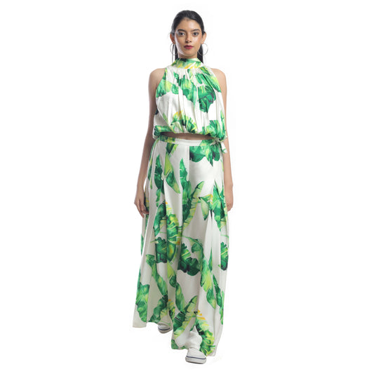 BANANA LEAF PRINTED HALTER NECK TOP WITH PLEATED PALAZZO COORD SET