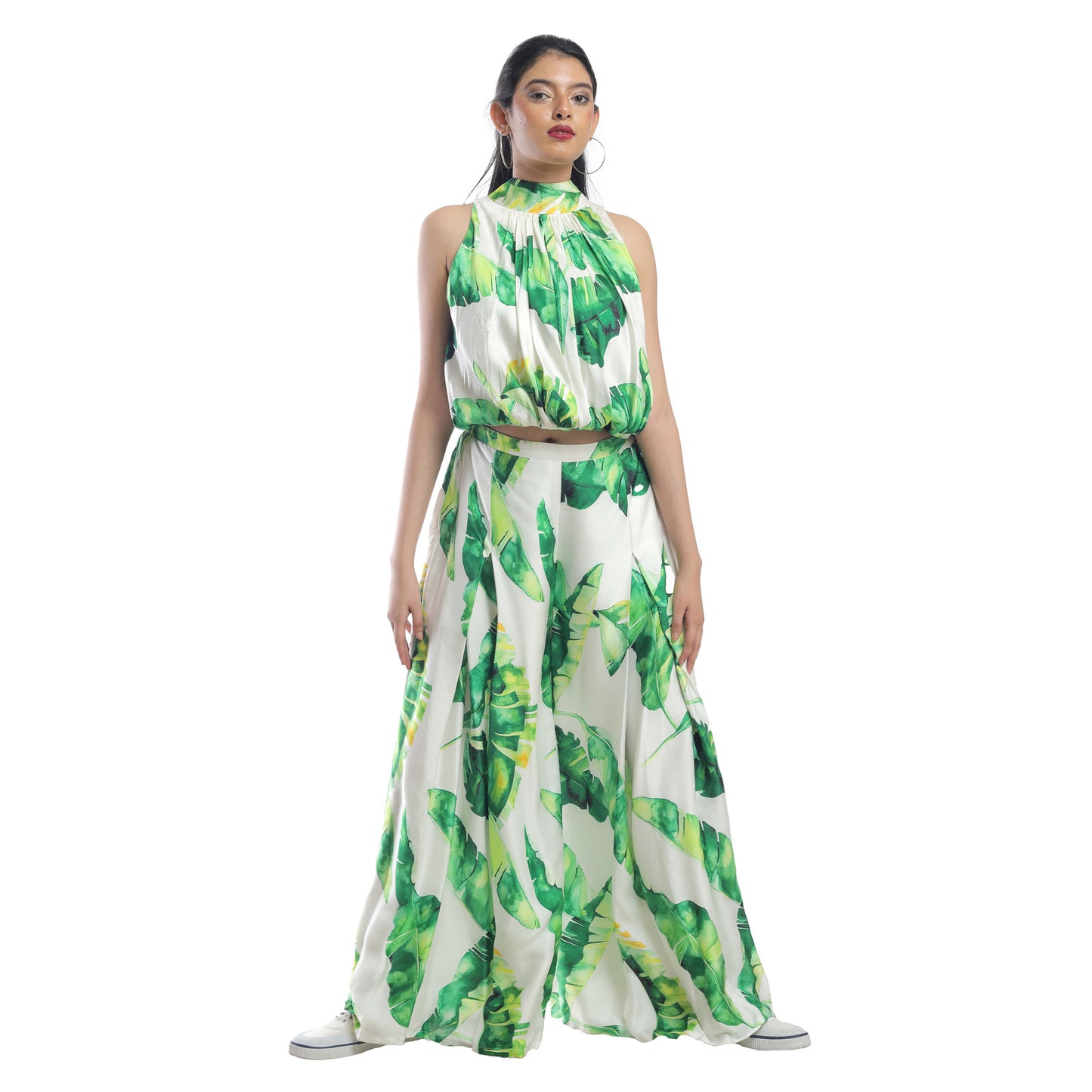 BANANA LEAF PRINTED HALTER NECK TOP WITH PLEATED PALAZZO COORD SET