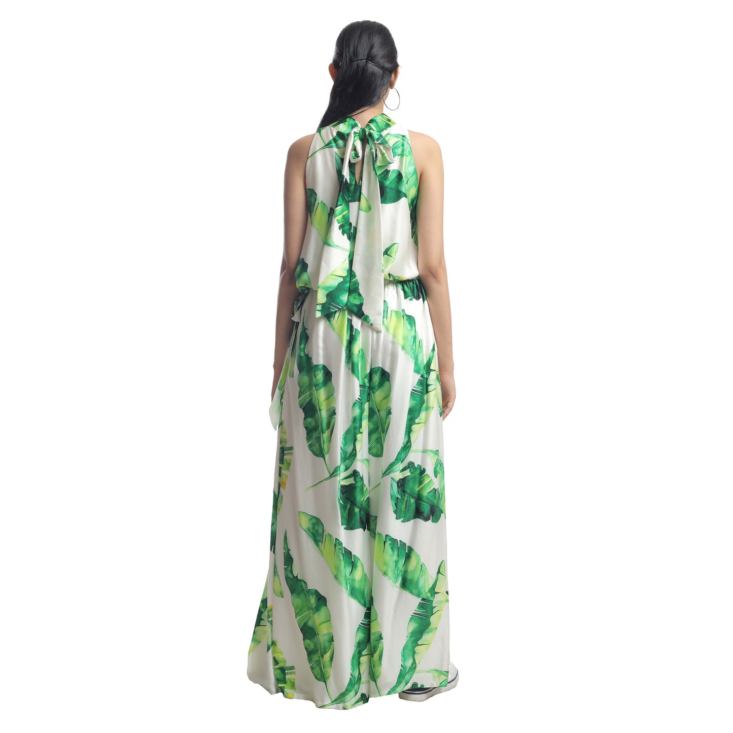 BANANA LEAF PRINTED HALTER NECK TOP WITH PLEATED PALAZZO COORD SET