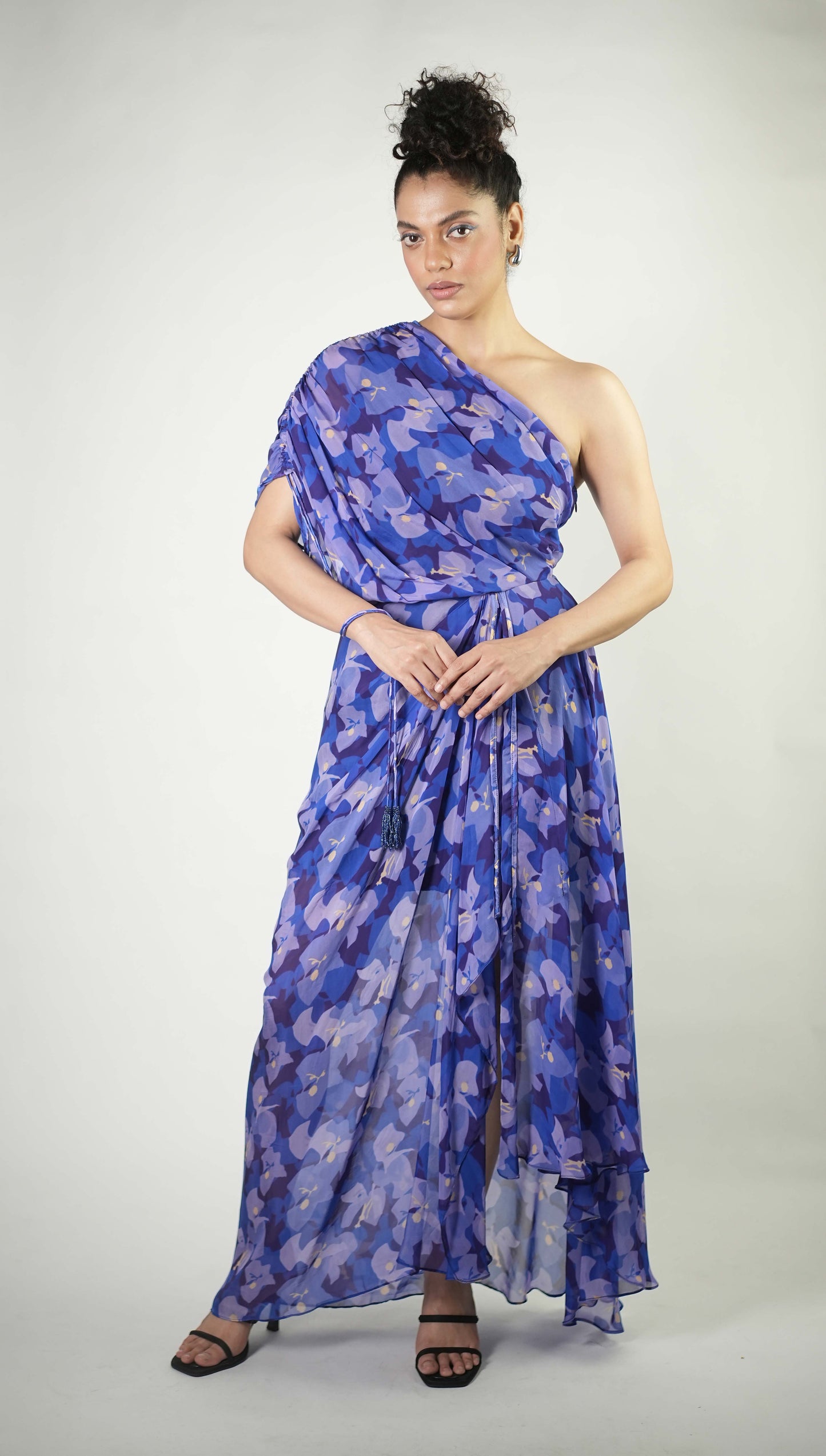 Camouflage floral printed one-shoulder draped dress