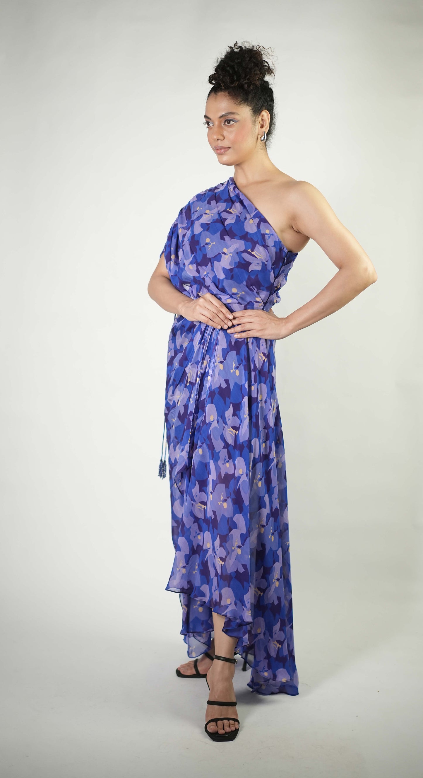 Camouflage floral printed one-shoulder draped dress