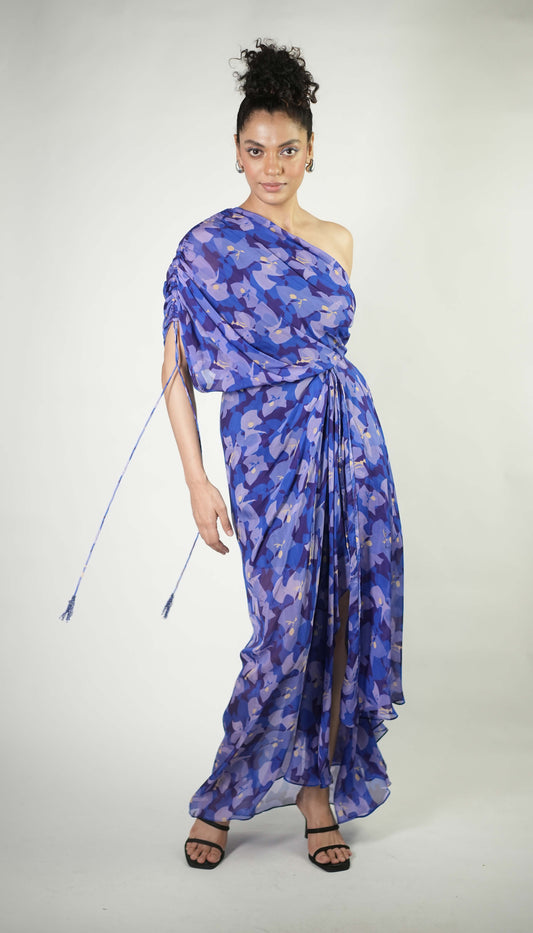Camouflage floral printed one-shoulder draped dress