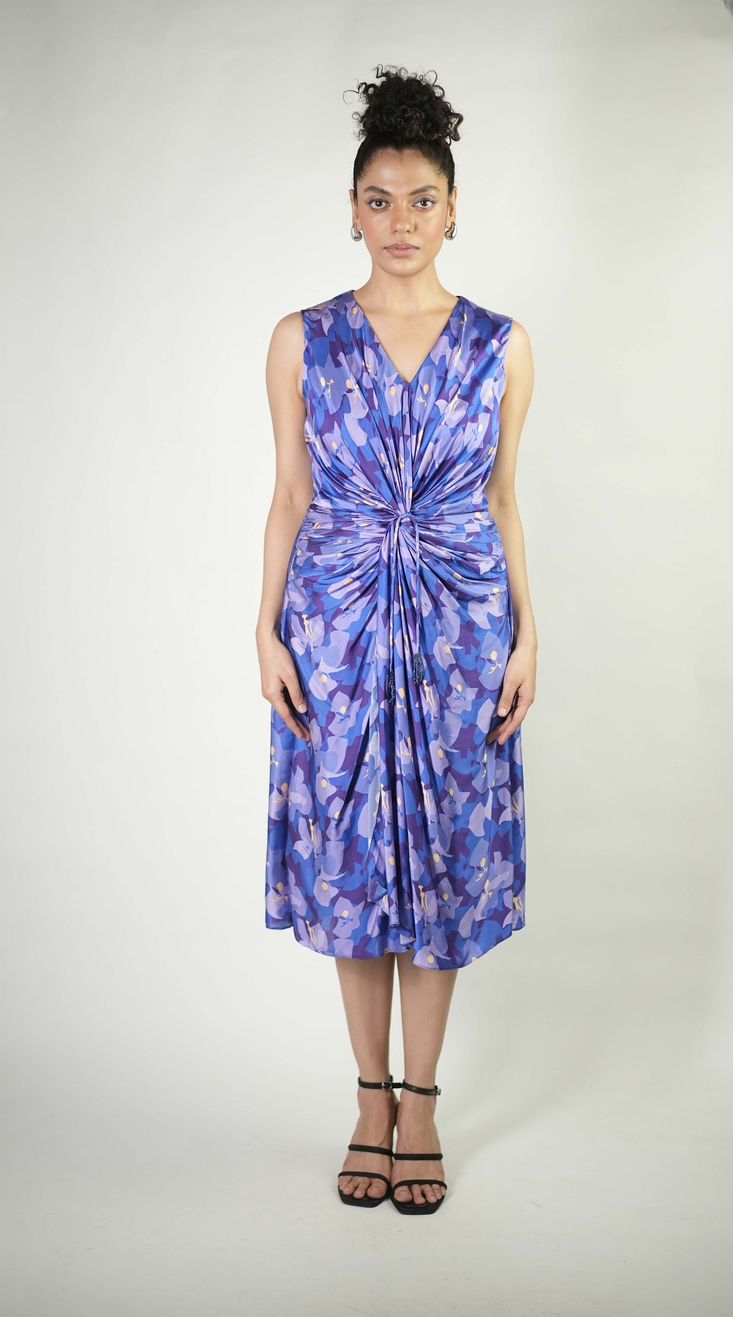Camouflage floral printed draped dress with gathered detailing
