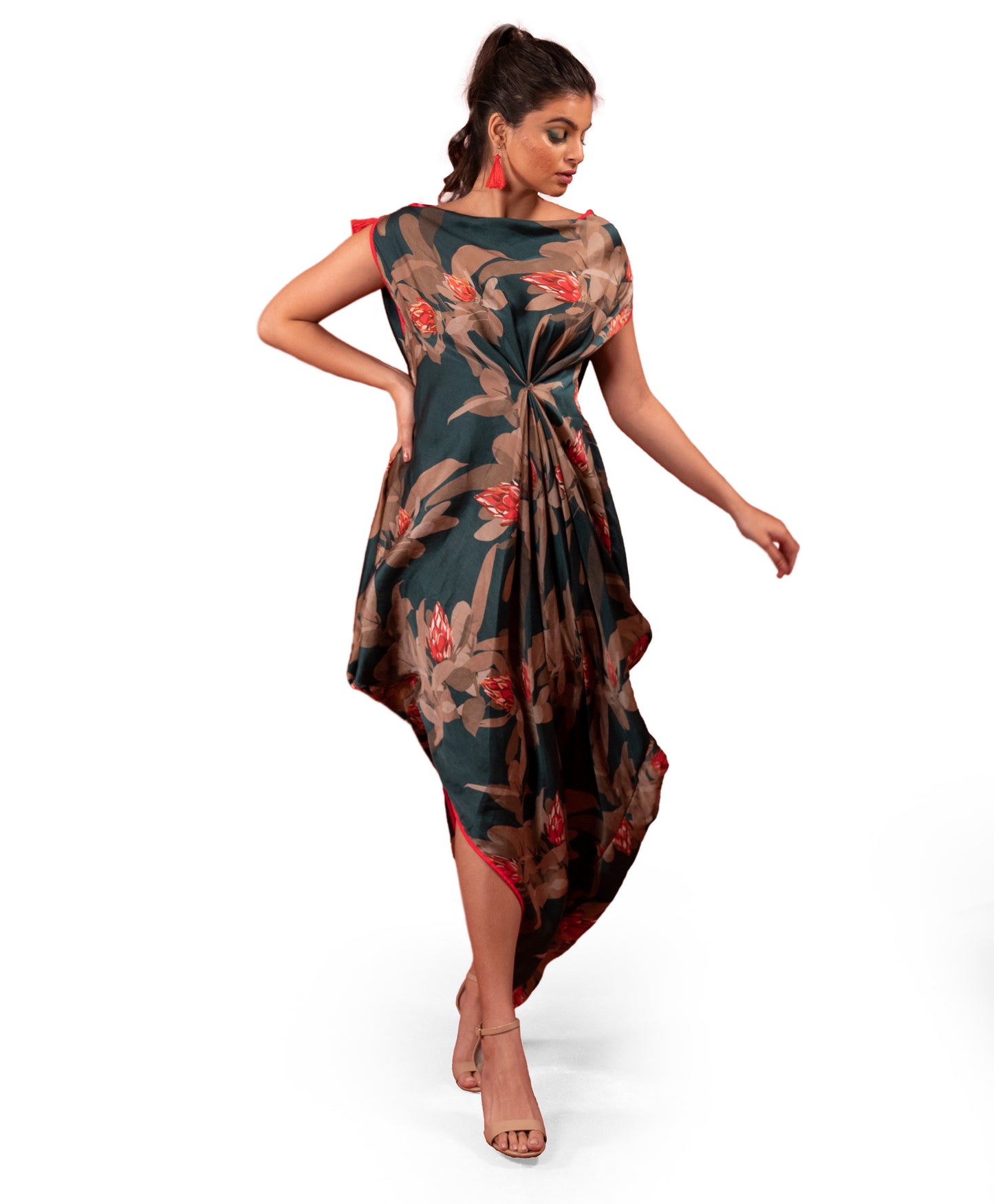 PINE FLOWER PRINTED DRAPED DRESS