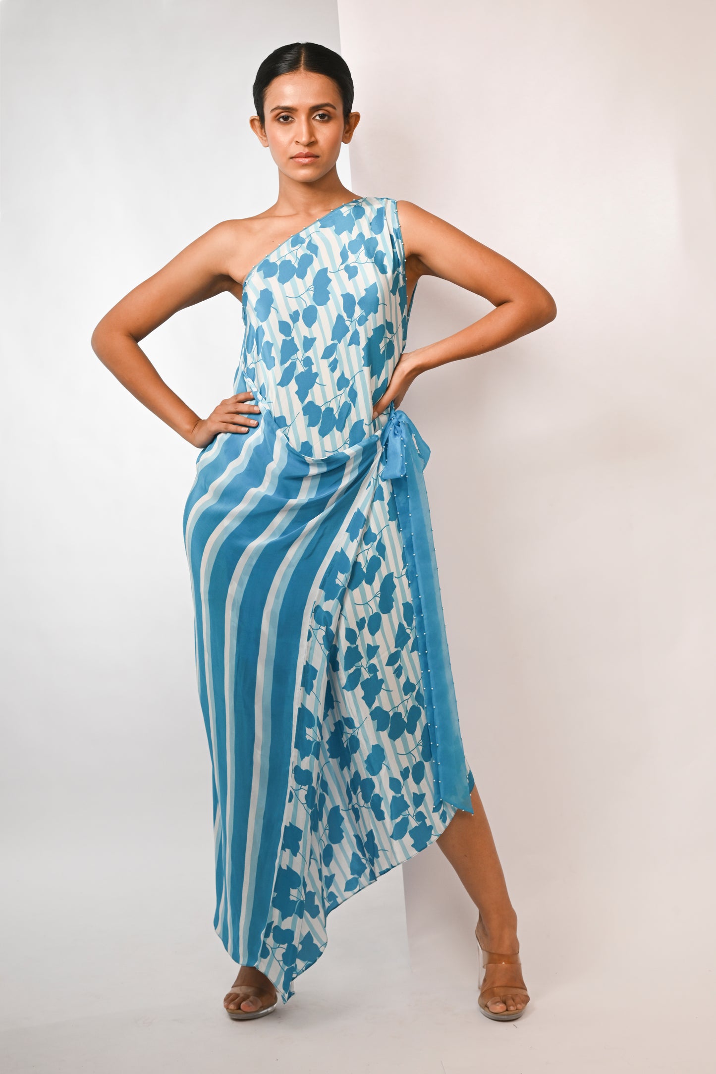 BOUGAINVILLEA GRAPHIC PRINTED ONE SHOULDER DRESS