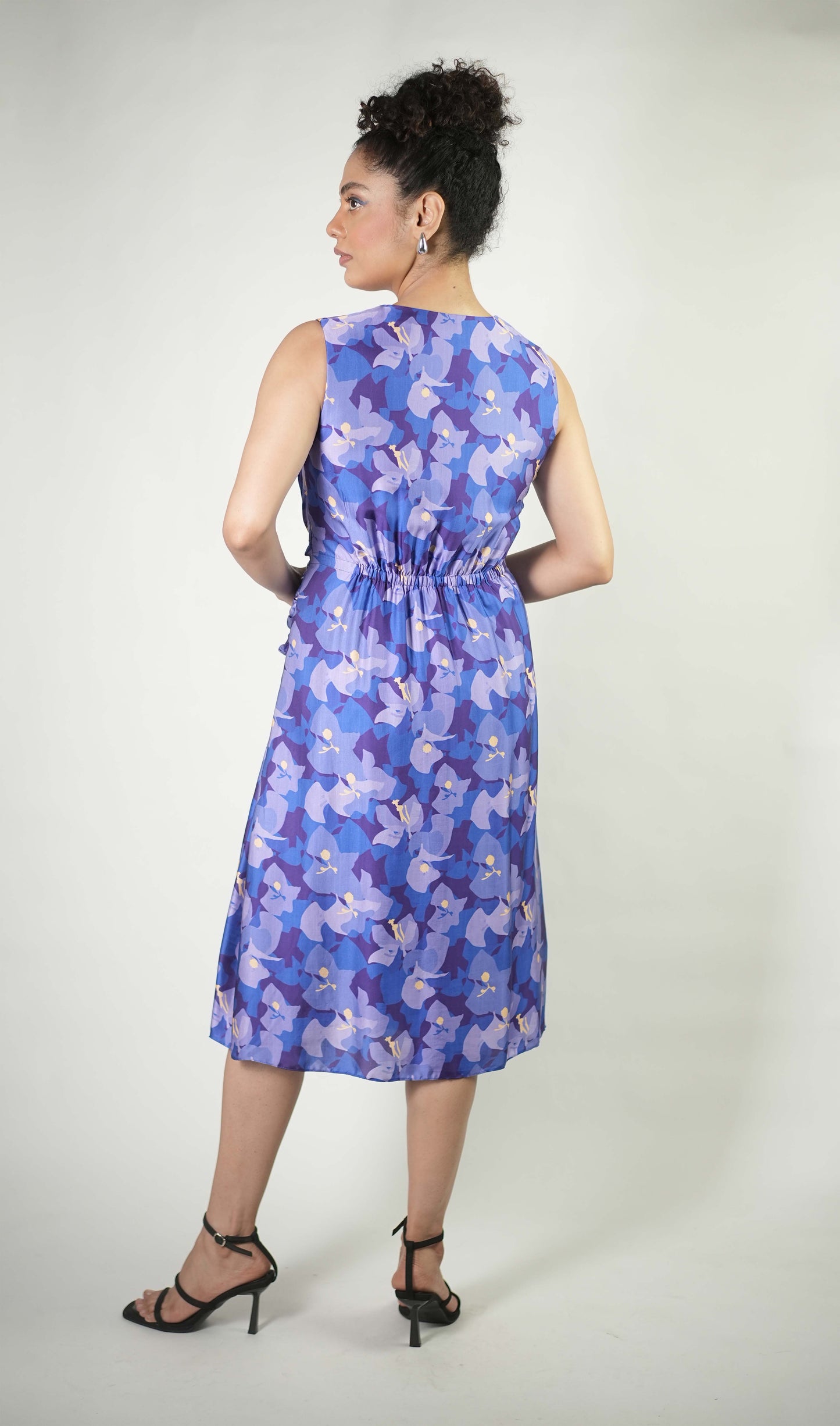 Camouflage floral printed draped dress with gathered detailing