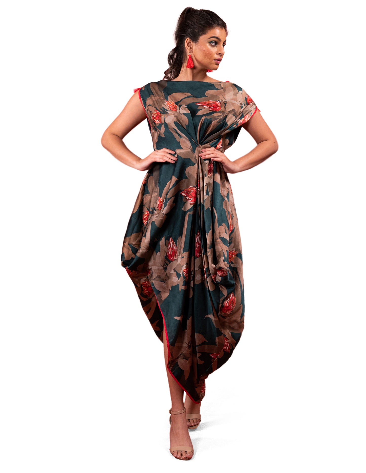 PINE FLOWER PRINTED DRAPED DRESS