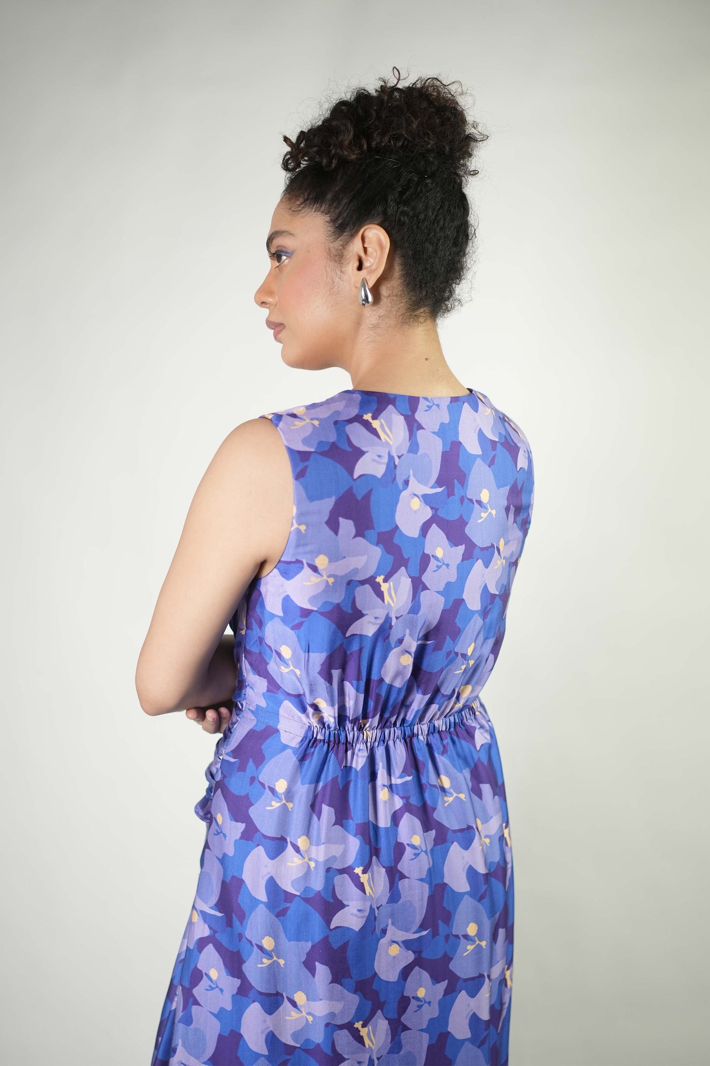 Camouflage floral printed draped dress with gathered detailing