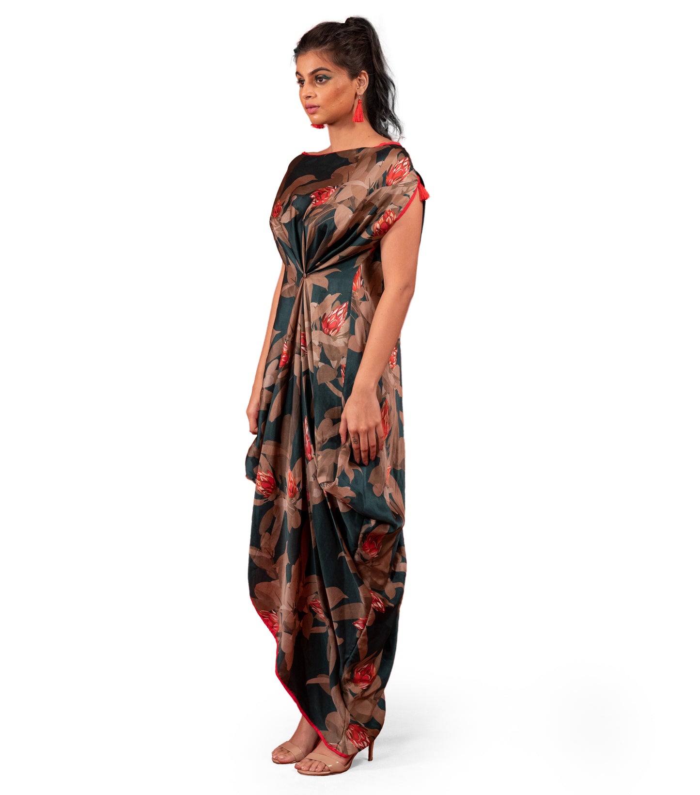 PINE FLOWER PRINTED DRAPED DRESS