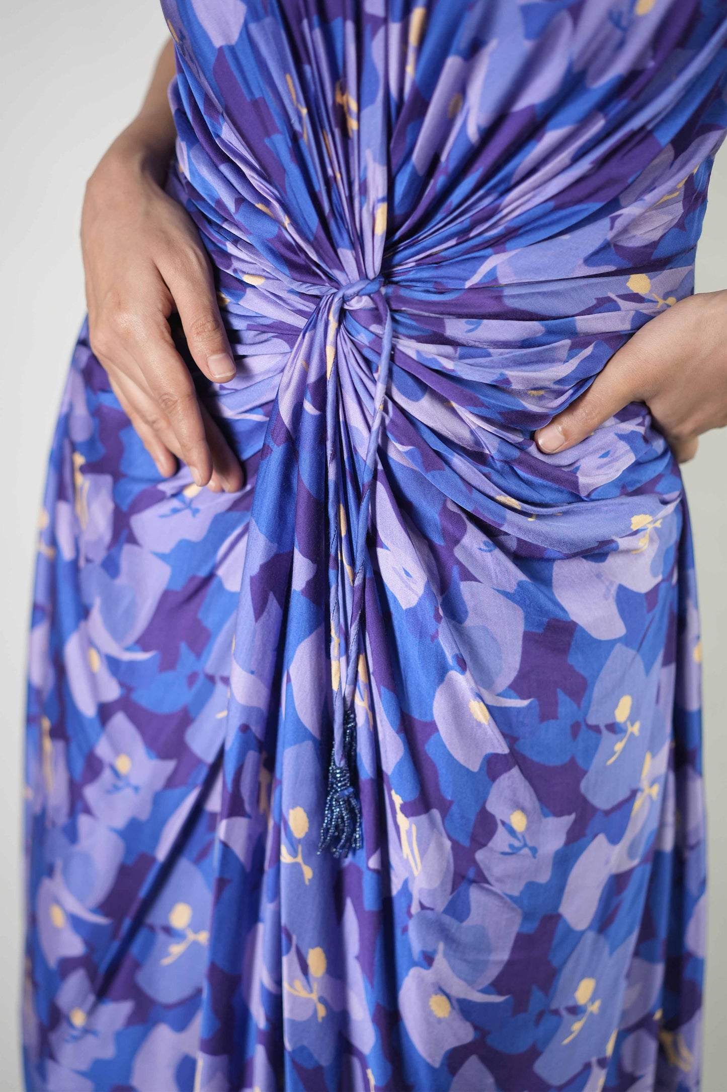 Camouflage floral printed draped dress with gathered detailing
