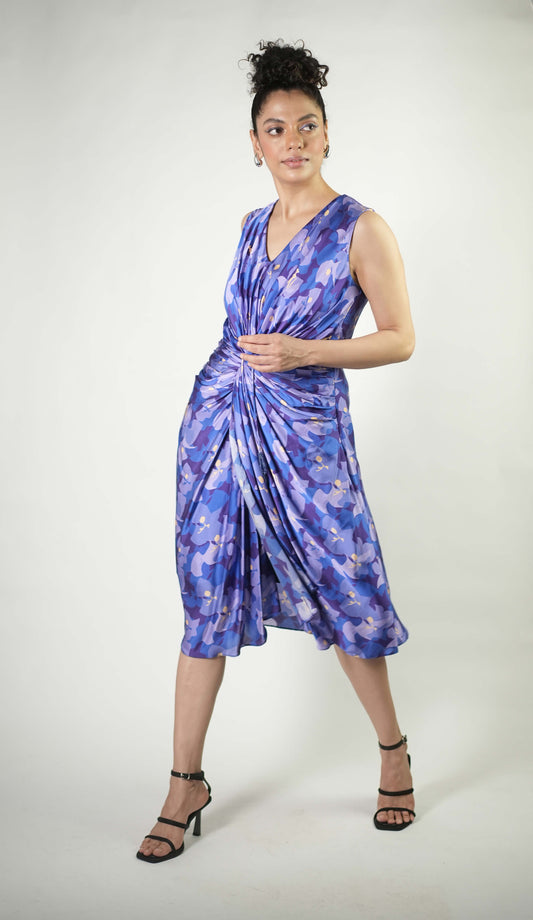 Camouflage floral printed draped dress with gathered detailing