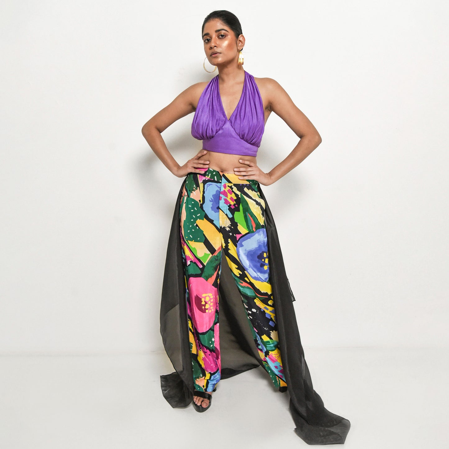 COLOURFUL ASSORTED GRAPHIC FLOWER PRINTED TROUSERS WITH TRAIL TEAMED WITH BRALETTE