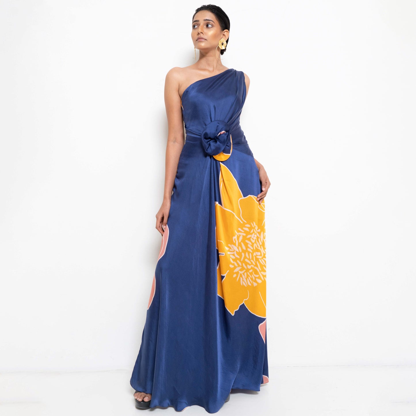 OVERSIZED PLACEMENT FLORAL PRINTED DRAPED GOWN