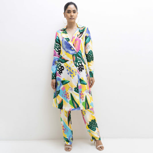 ABSTRACT FLORAL PRINTED LONG COAT TEAMED WITH COORDINATED TROUSERS