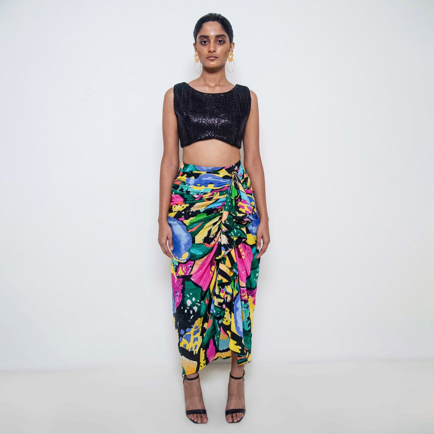 ASSORTED COLOURFUL GRAPHIC FLORAL SKIRT WITH DRAWSTRING TEAMED WITH EMBROIDERED CROP TOP