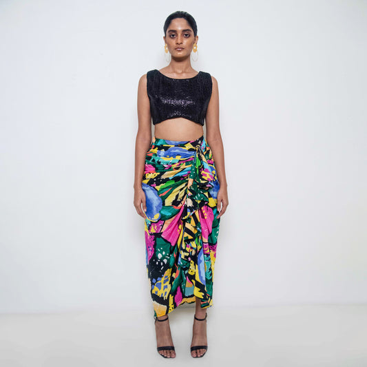 ASSORTED COLOURFUL GRAPHIC FLORAL SKIRT WITH DRAWSTRING TEAMED WITH EMBROIDERED CROP TOP