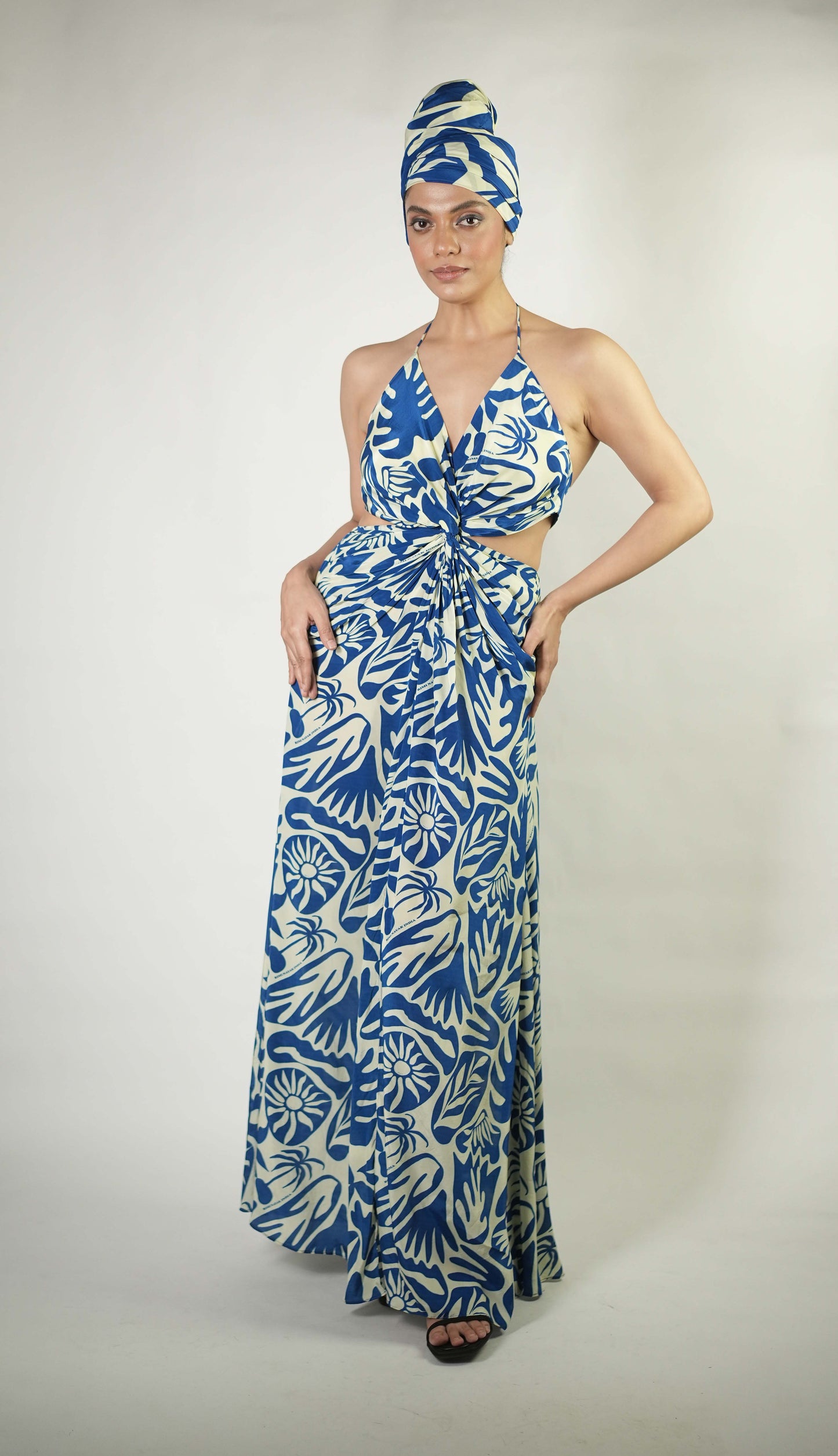 Abstract tropical graphic printed draped maxi dress