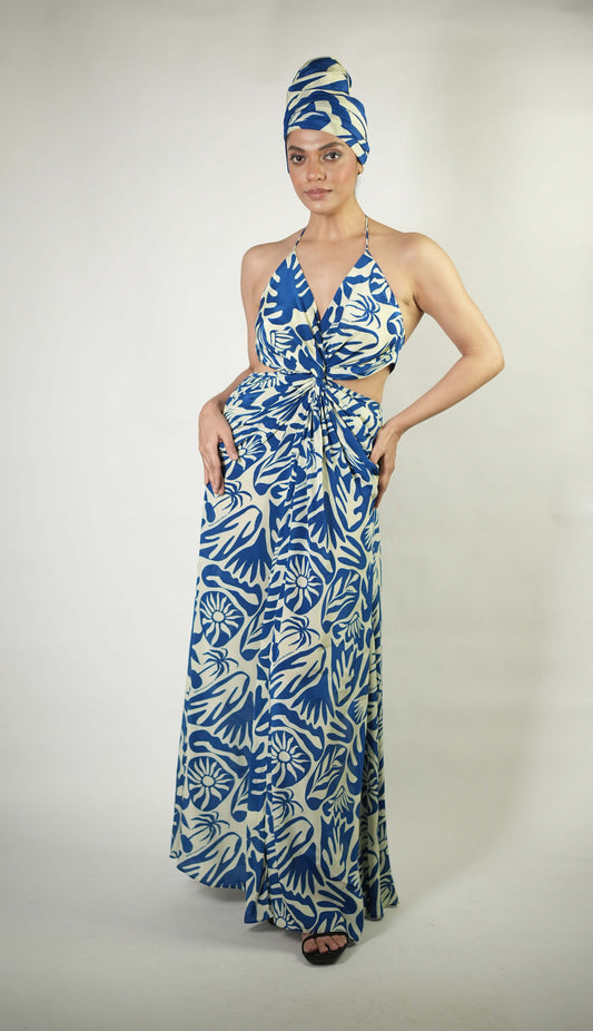 Abstract tropical graphic printed draped maxi dress