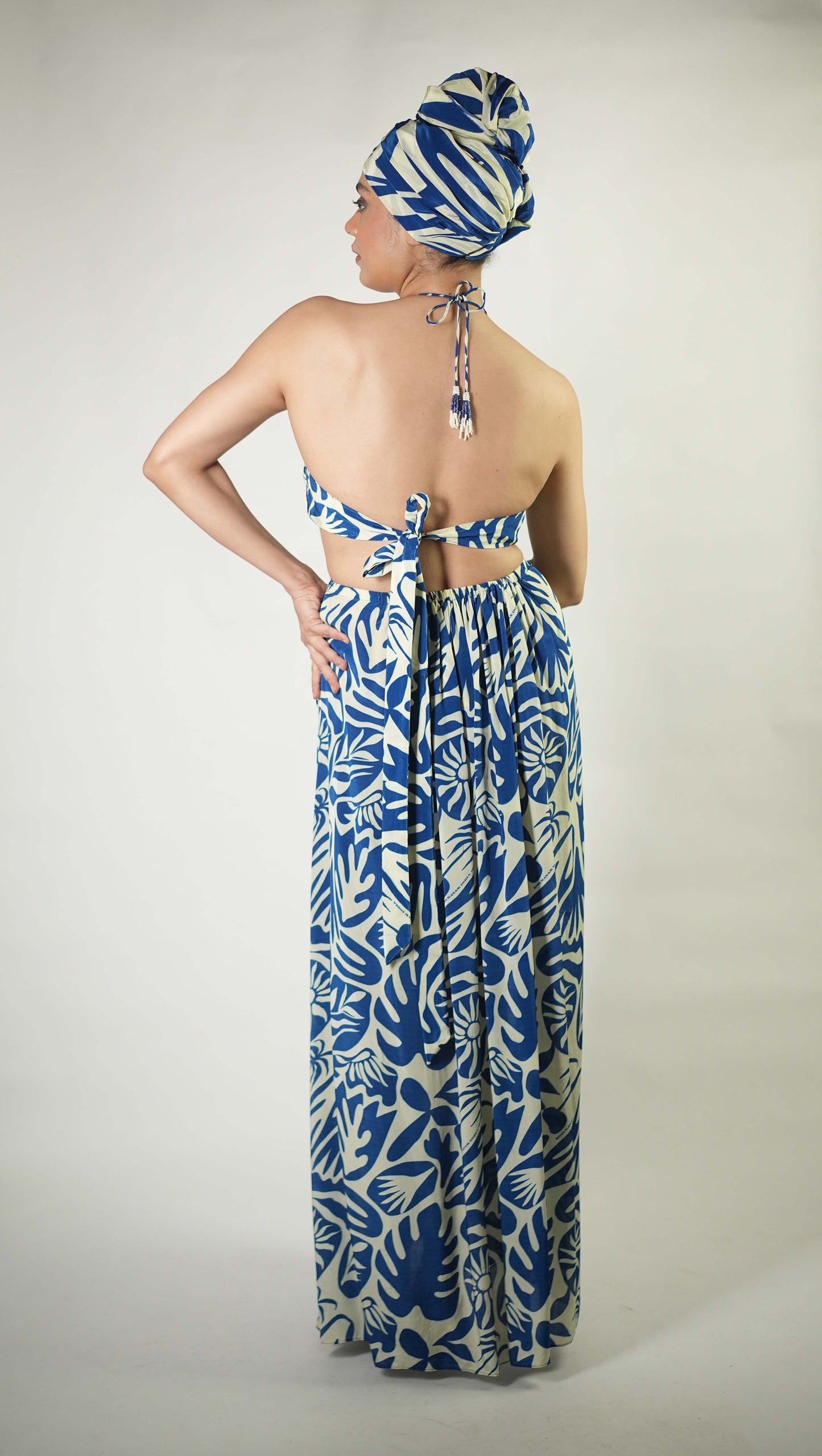 Abstract tropical graphic printed draped maxi dress