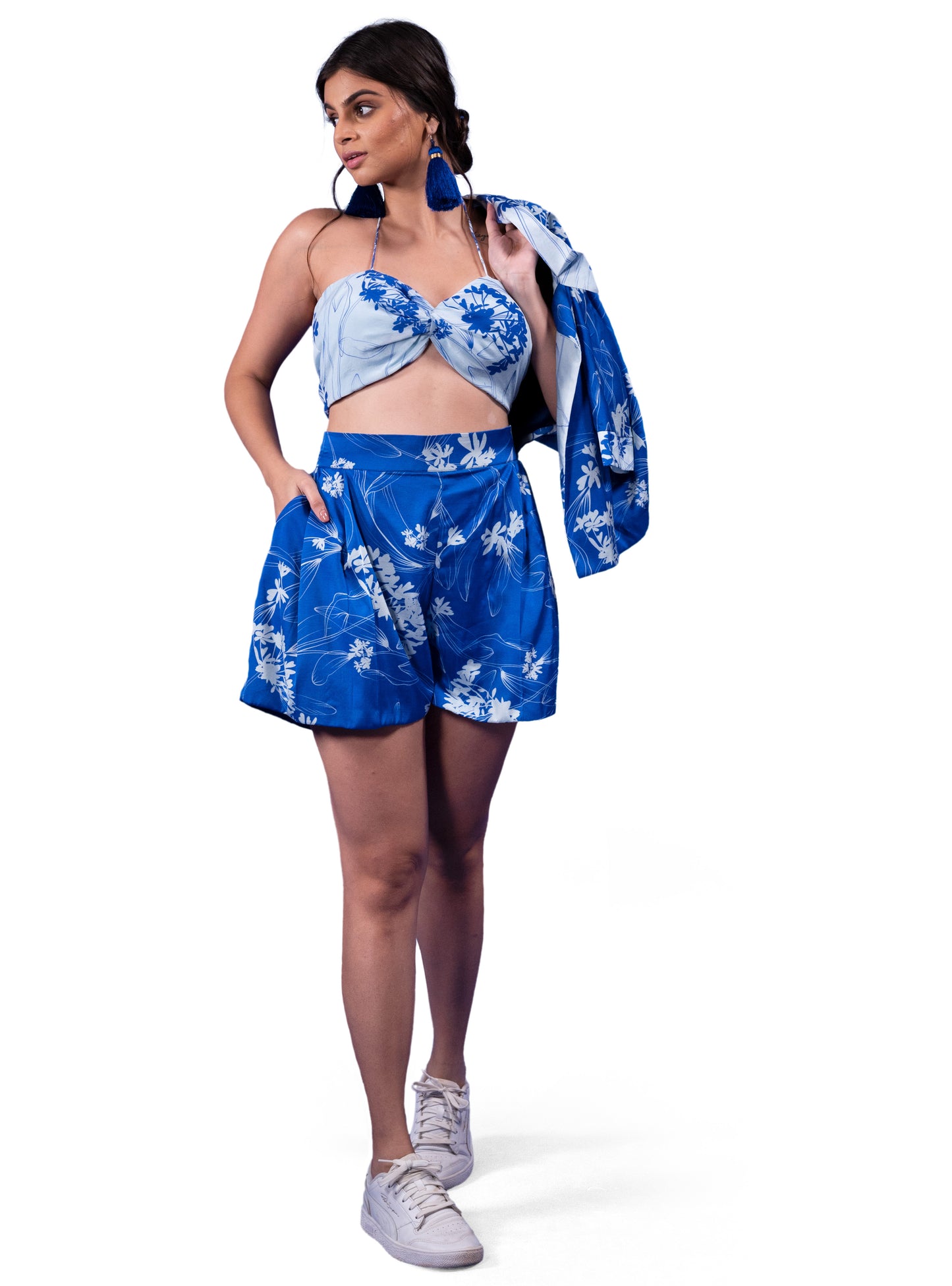 FLORAL PRINTED BIKINI TOP WITH SHORTS AND SHRUG COORD SET