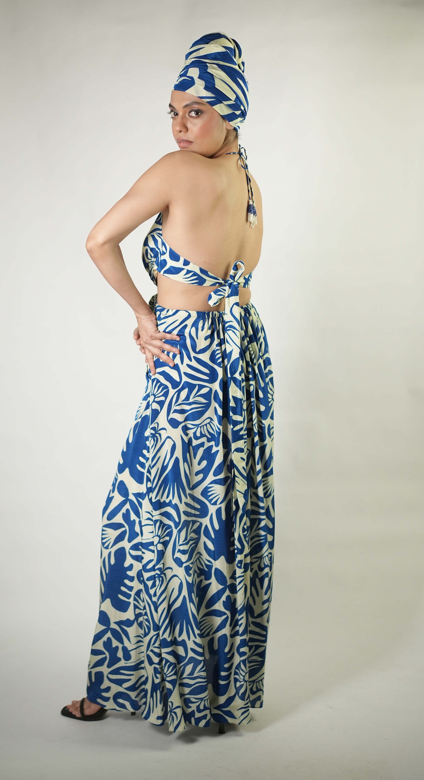 Abstract tropical graphic printed draped maxi dress
