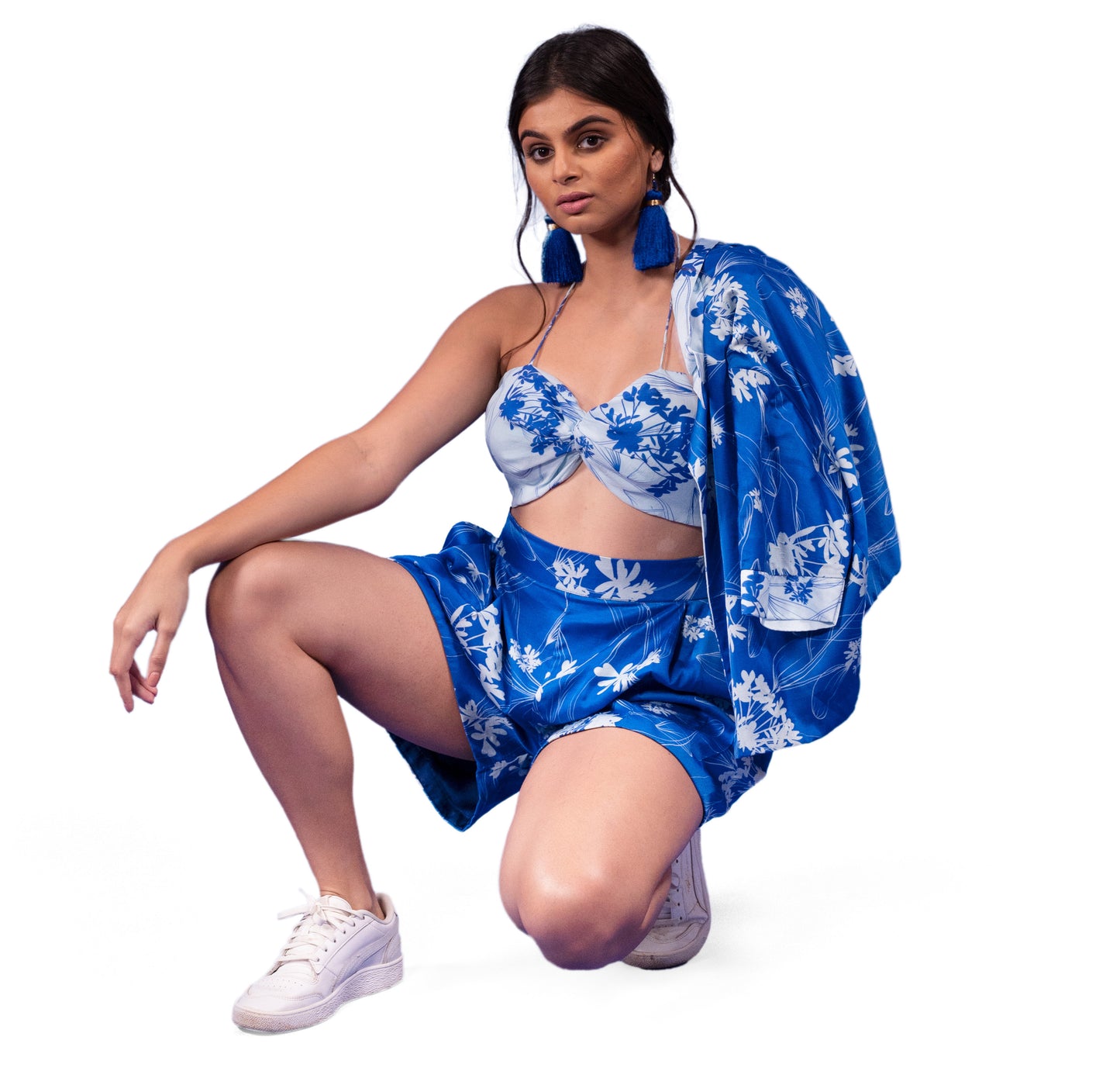 FLORAL PRINTED BIKINI TOP WITH SHORTS AND SHRUG COORD SET