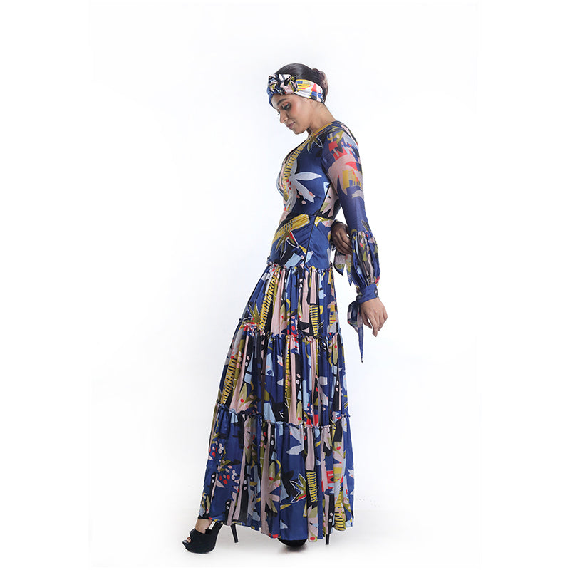 ABSTRACT GRAPHIC FLORAL PRINTED TIER DRESS