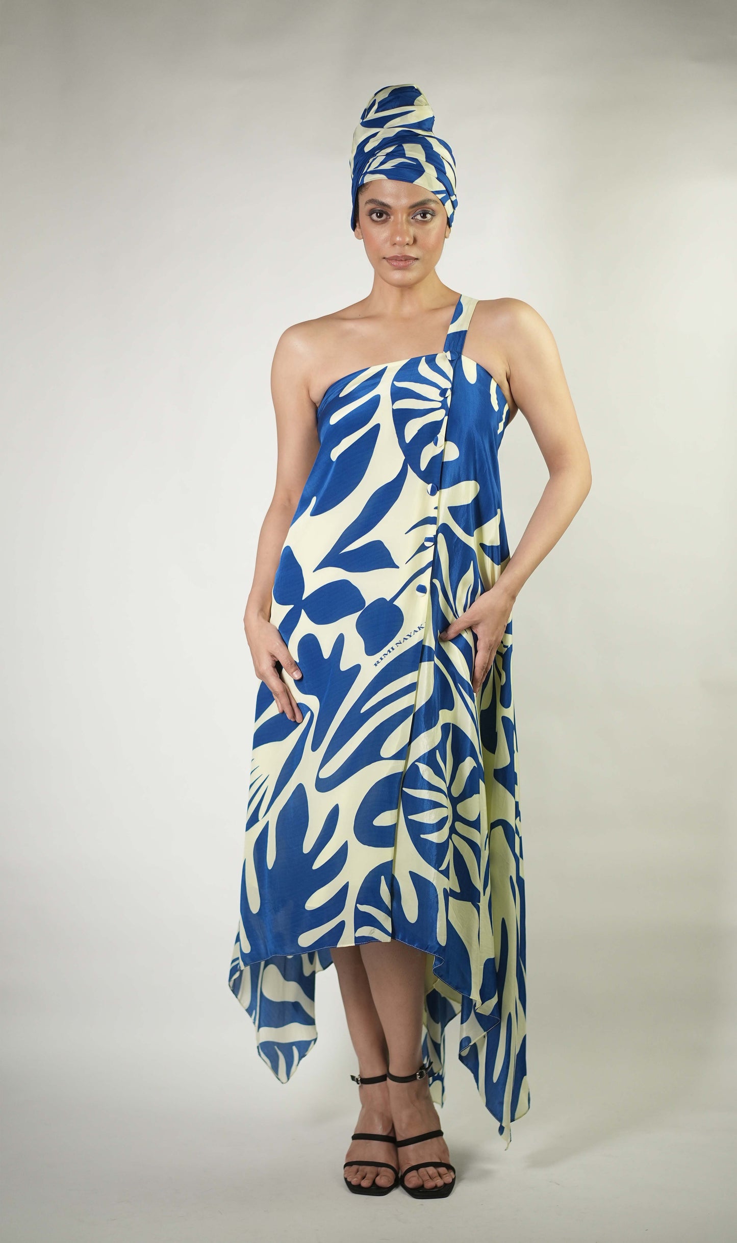 Abstract tropical graphic printed one shoulder dress