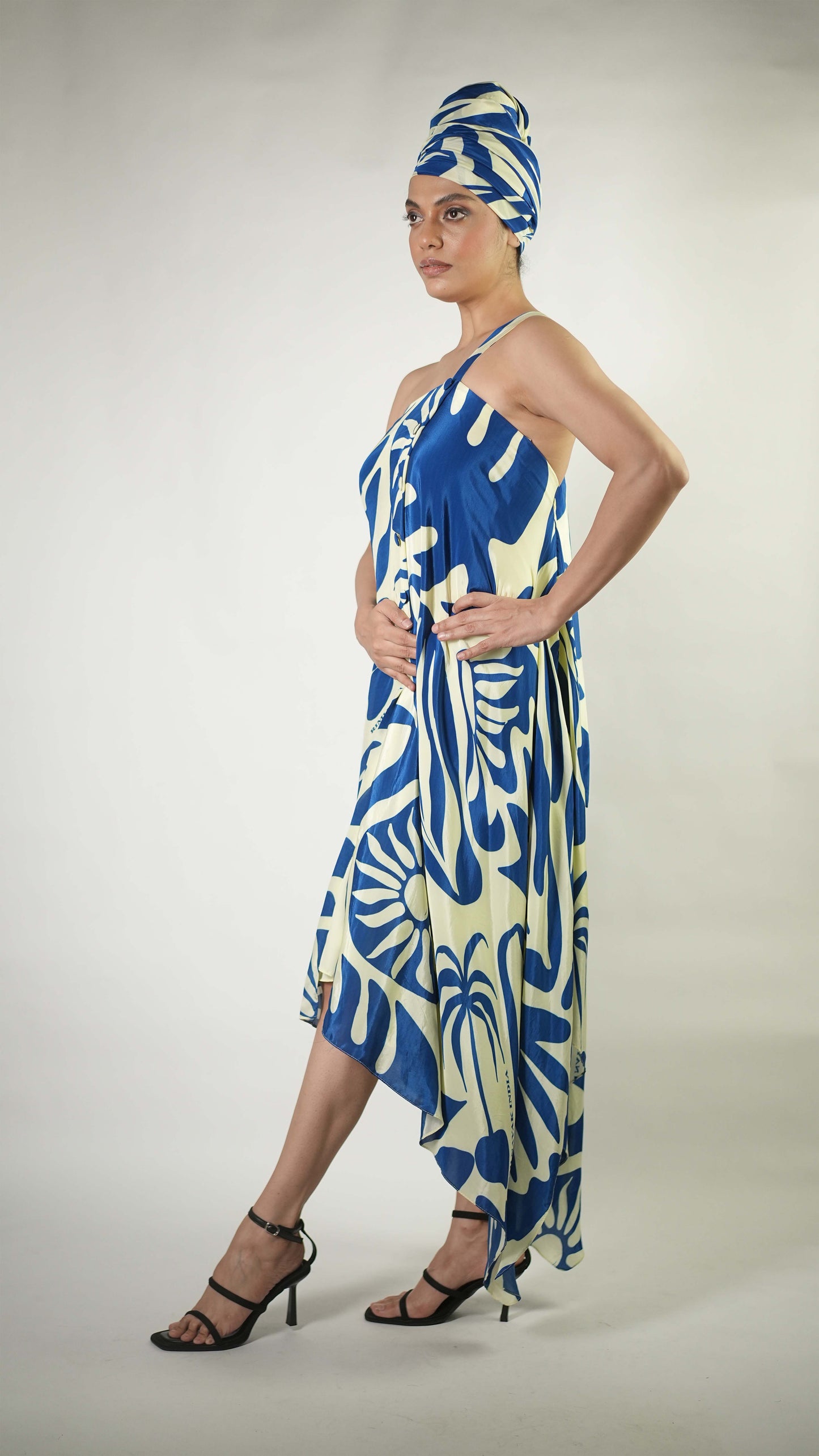 Abstract tropical graphic printed one shoulder dress