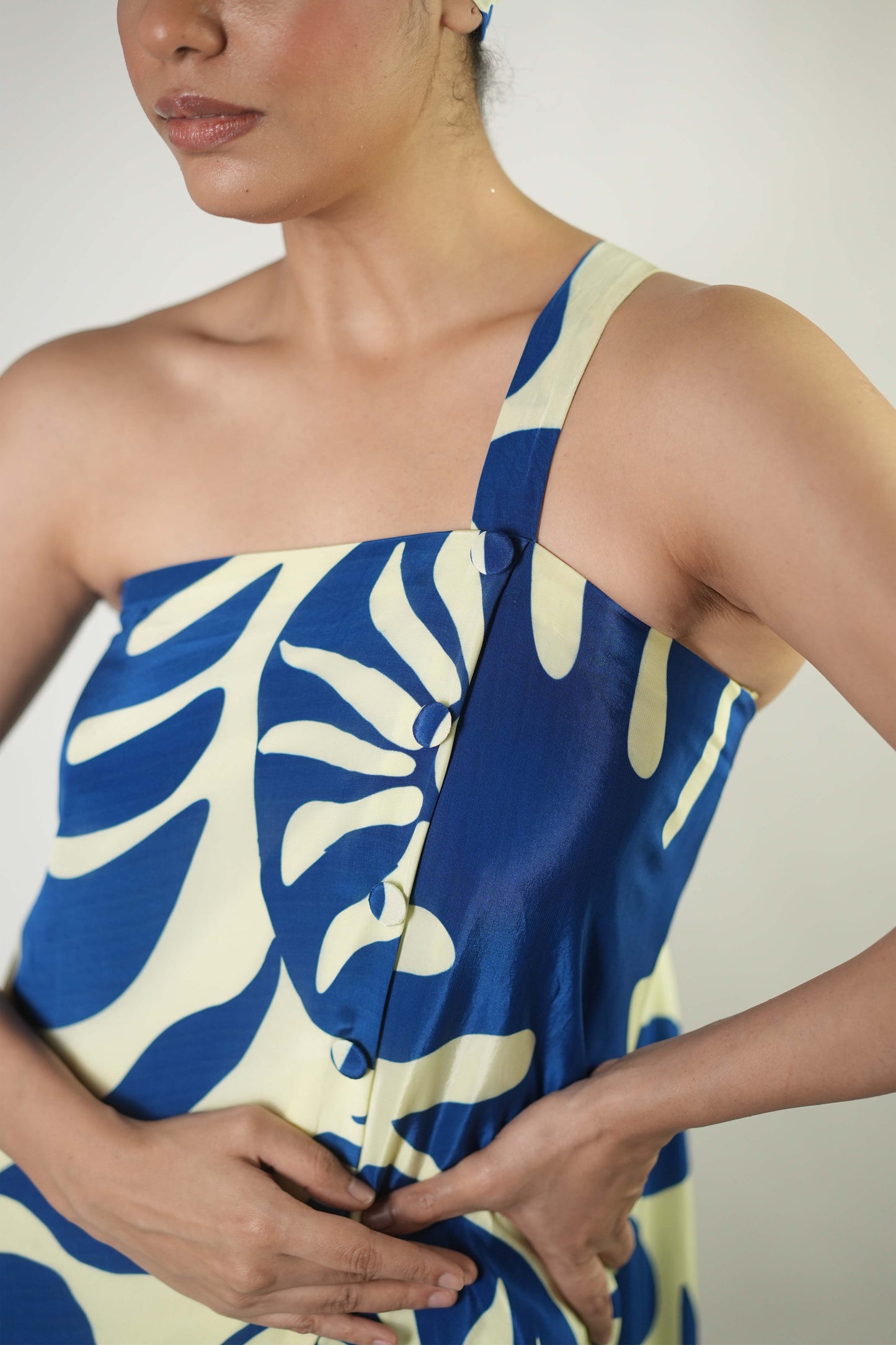 Abstract tropical graphic printed one shoulder dress