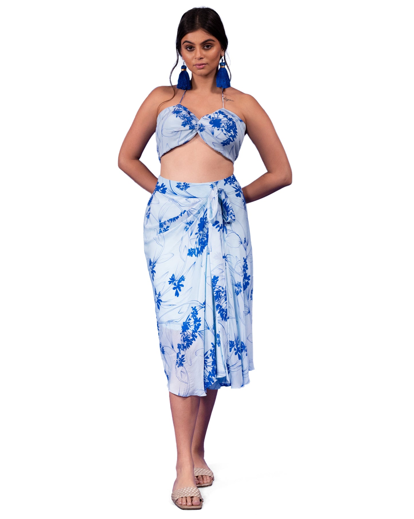 FLORAL PRINTED BIKINI TOP AND DRAPED SKIRT