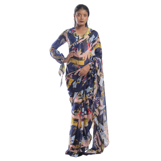 ORGANZA ABSTRACT FLORAL PRINTED ORGANZA SAREE