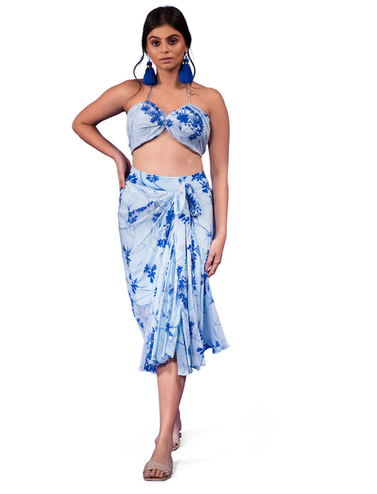 FLORAL PRINTED BIKINI TOP AND DRAPED SKIRT