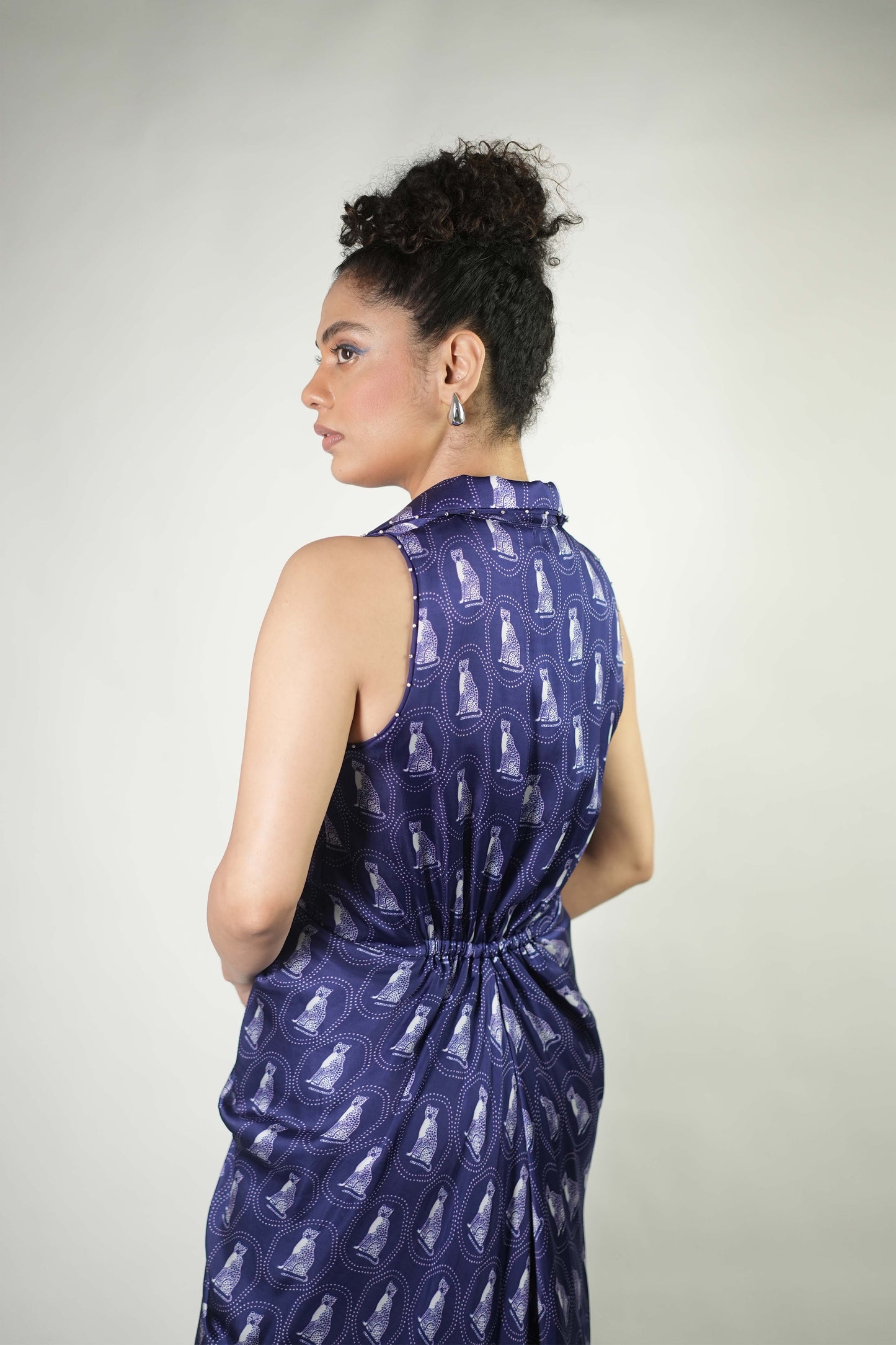 Cheetah printed draped dress with organza detailing