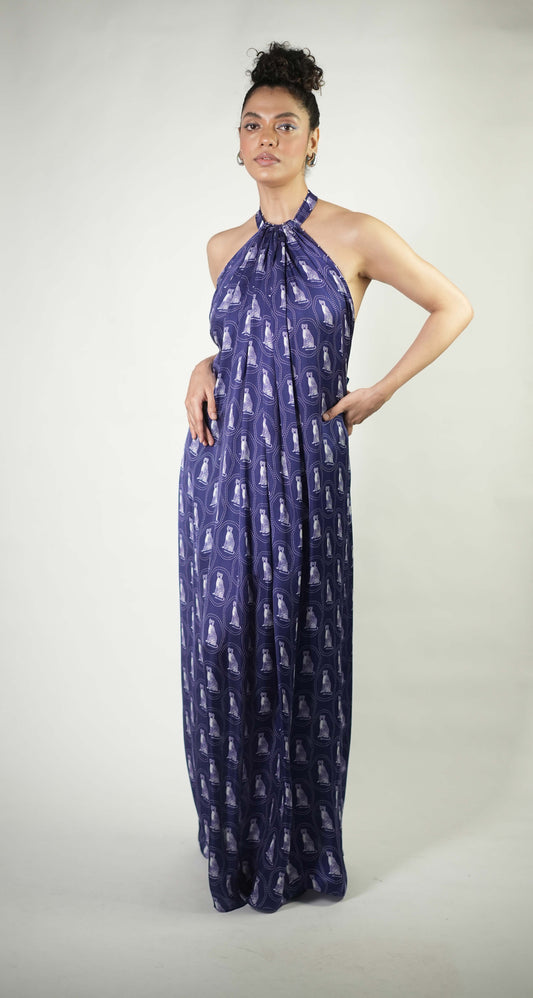 Cheetah printed pleated halter neck maxi dress