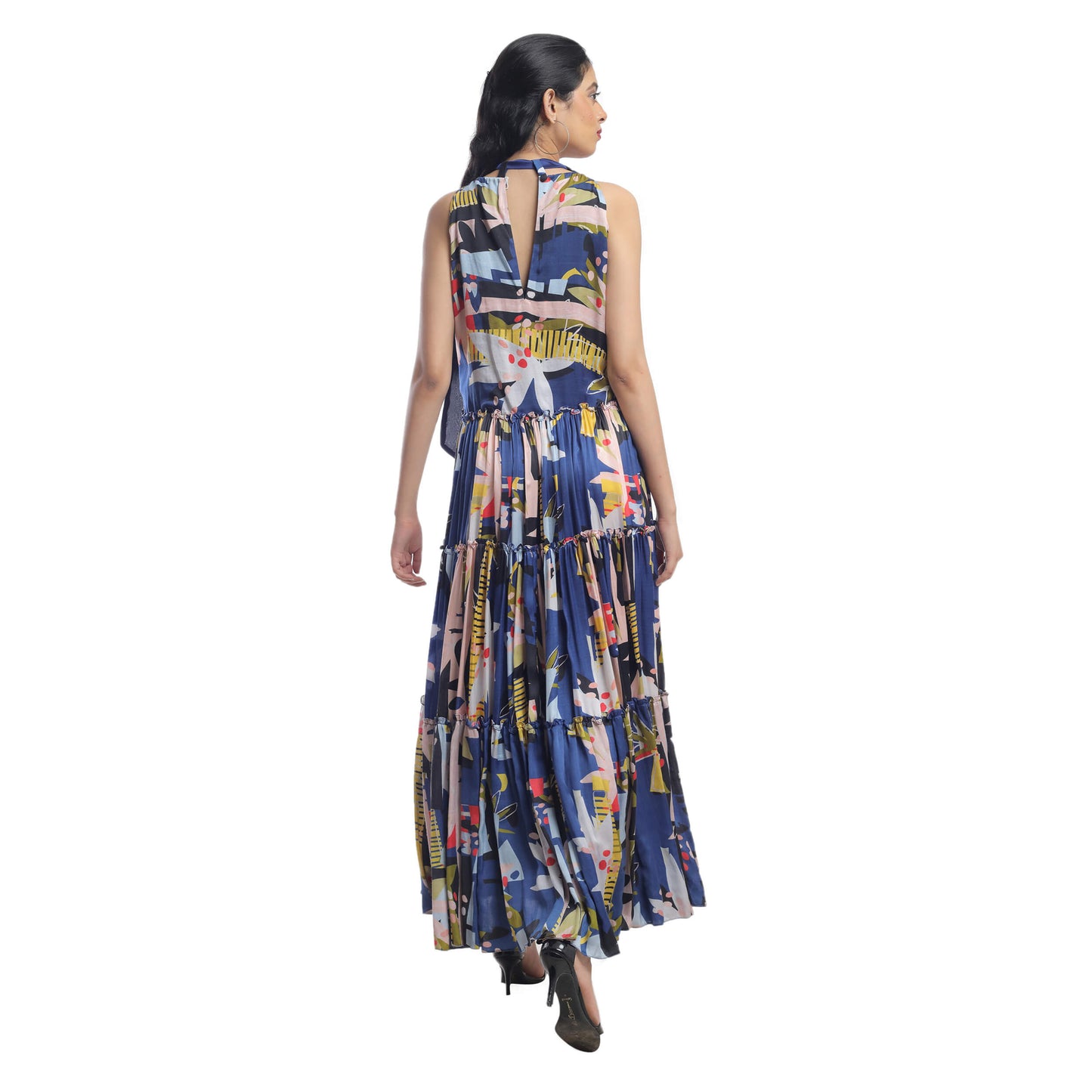 ABSTRACT FLORAL PRINTED SATIN TIER DRESS