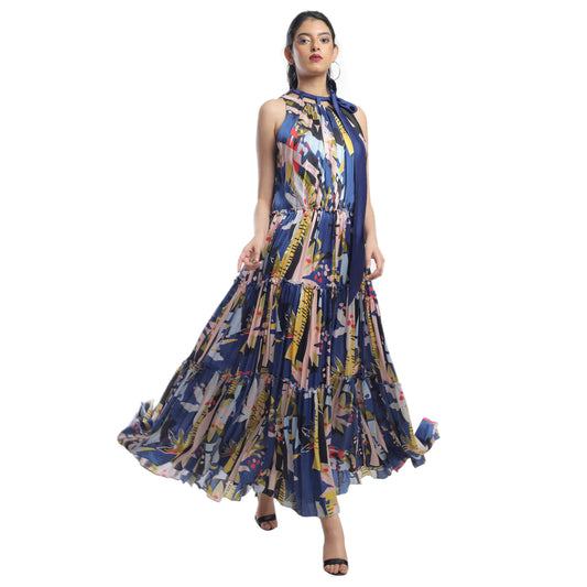 ABSTRACT FLORAL PRINTED SATIN TIER DRESS