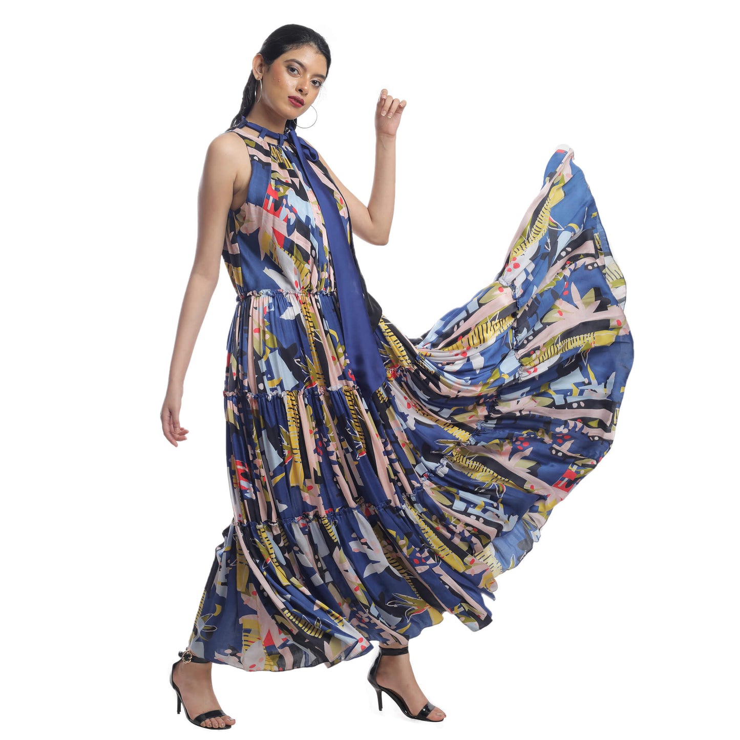 ABSTRACT FLORAL PRINTED SATIN TIER DRESS